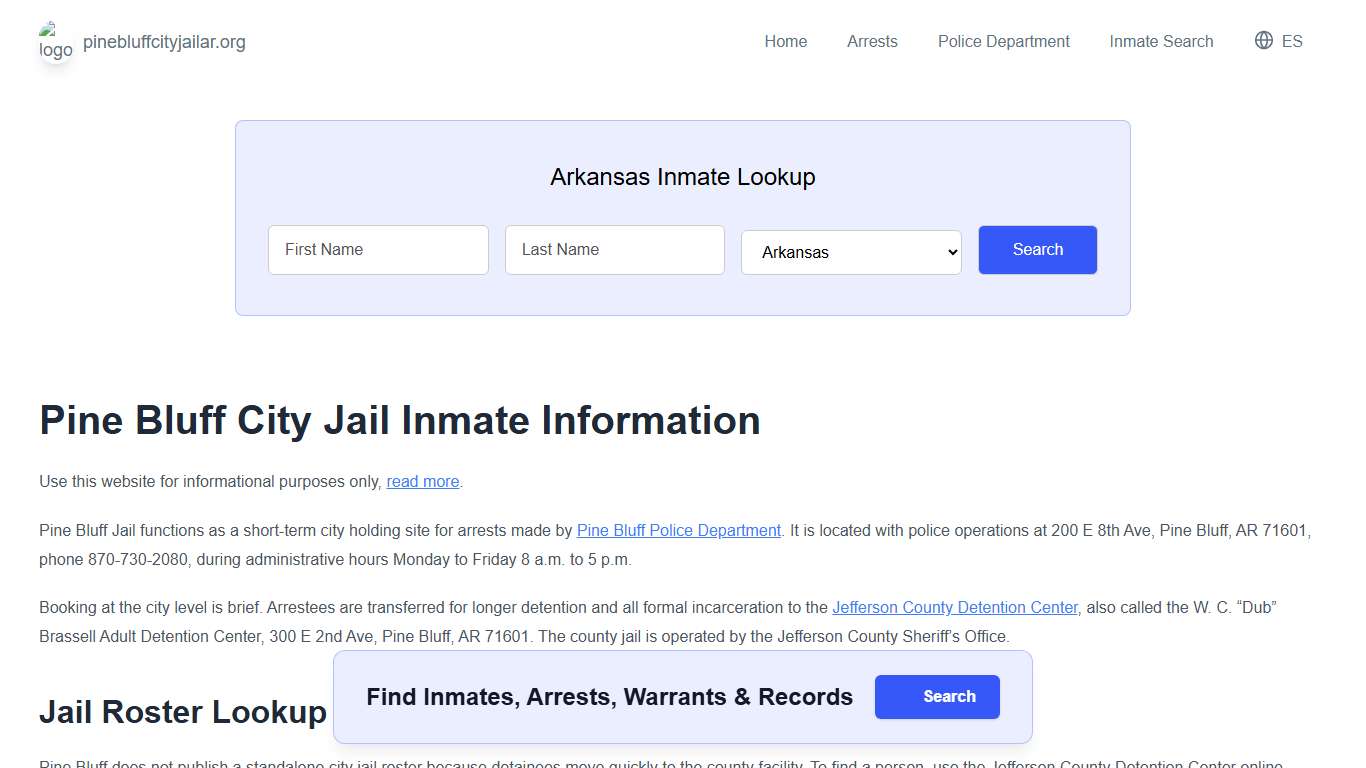 Pine Bluff Jail, AR Inmate Roster, Municipal Jail Info
